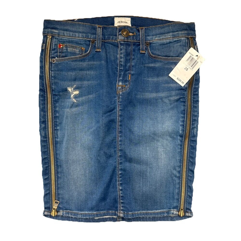 Hudson Marianne Pencil Skirt 25 W17 L19.5 Foxy Blue Distress Zippers Womens NWT